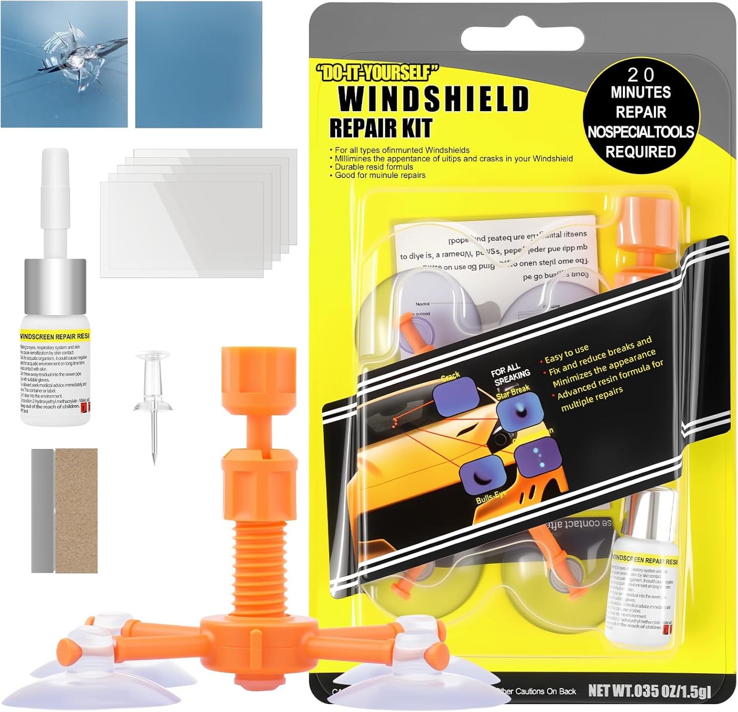 flintronic Windshield Crack Repair Kit, Car Windscreen Repair-Kit for Chips and Cracks, Professional Cracked Glass Repair Liquid, Quick Fix windshield Tool for Automotive, Car (Orange)