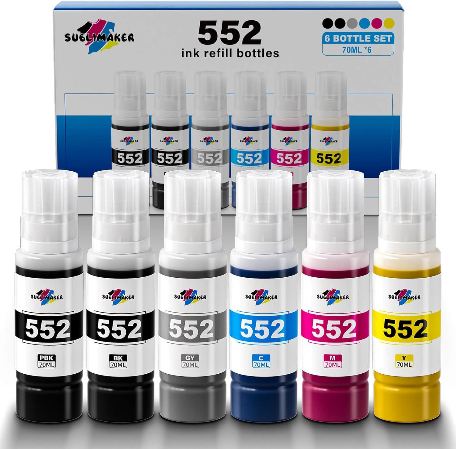 552 Ink Refill Bottles 6 Pack (NotSublimation Ink) Compatible Replacement for Epson Ecotank Photo ET-8550 ET-8500 ET8550 ET8500 8550 8500 Printer, T552 Ink Refill Bottles (BK Pigment, PB C M Y GY Dye)