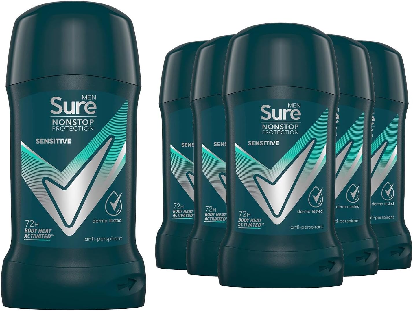 Sure Antiperspirant Deodorant Stick Sensitive 72H Nonstop Sweat and Odour Protection Roll On with Citrusy, Spicy and Woody Scent Deodorant for Men, 50ml Pack of 6