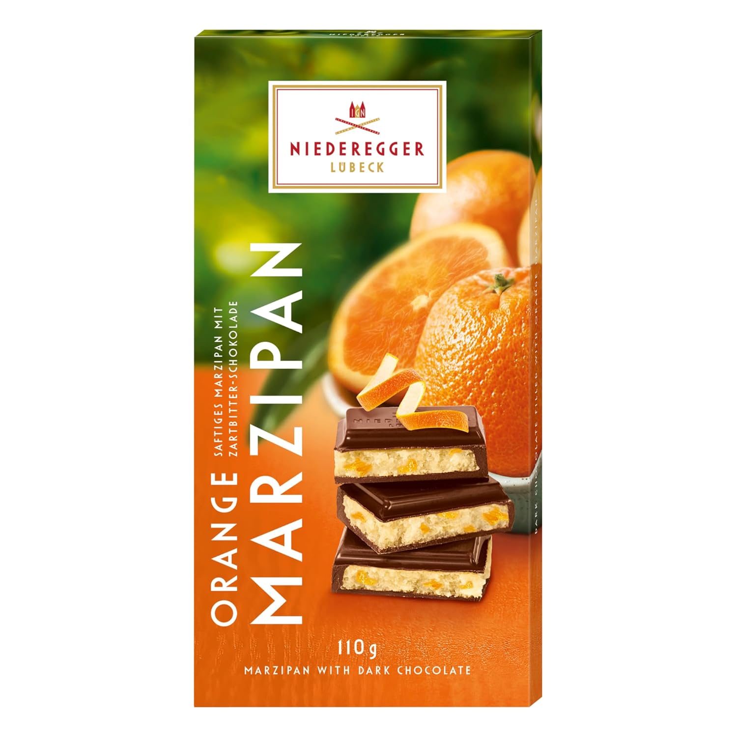 Niederegger Dark Chocolate Orange Marzipan Bar 110g/3.8 oz | Covered with crisp dark chocolate. | Authentic. Premium | Handcrafted in Germany since 1806.