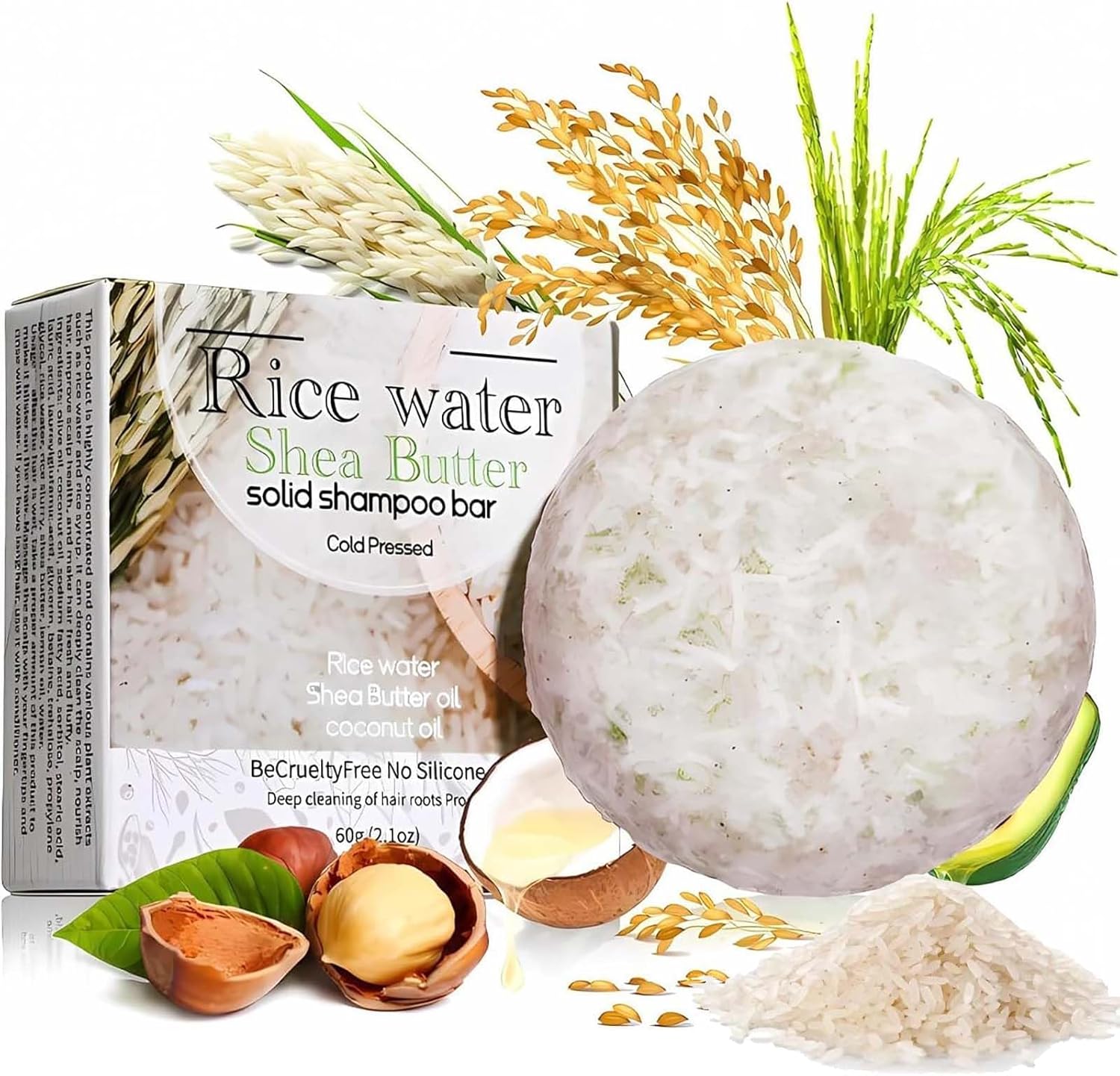 Natural Rice & Shea Butter Shampoo Bar with Coconut Oil – Solid Shampoo Soap for Hair Growth, Anti-Hair Loss, Volumizing & Strengthening – Vegan, Nourishing Dry/Damaged Hair Care, Handmade