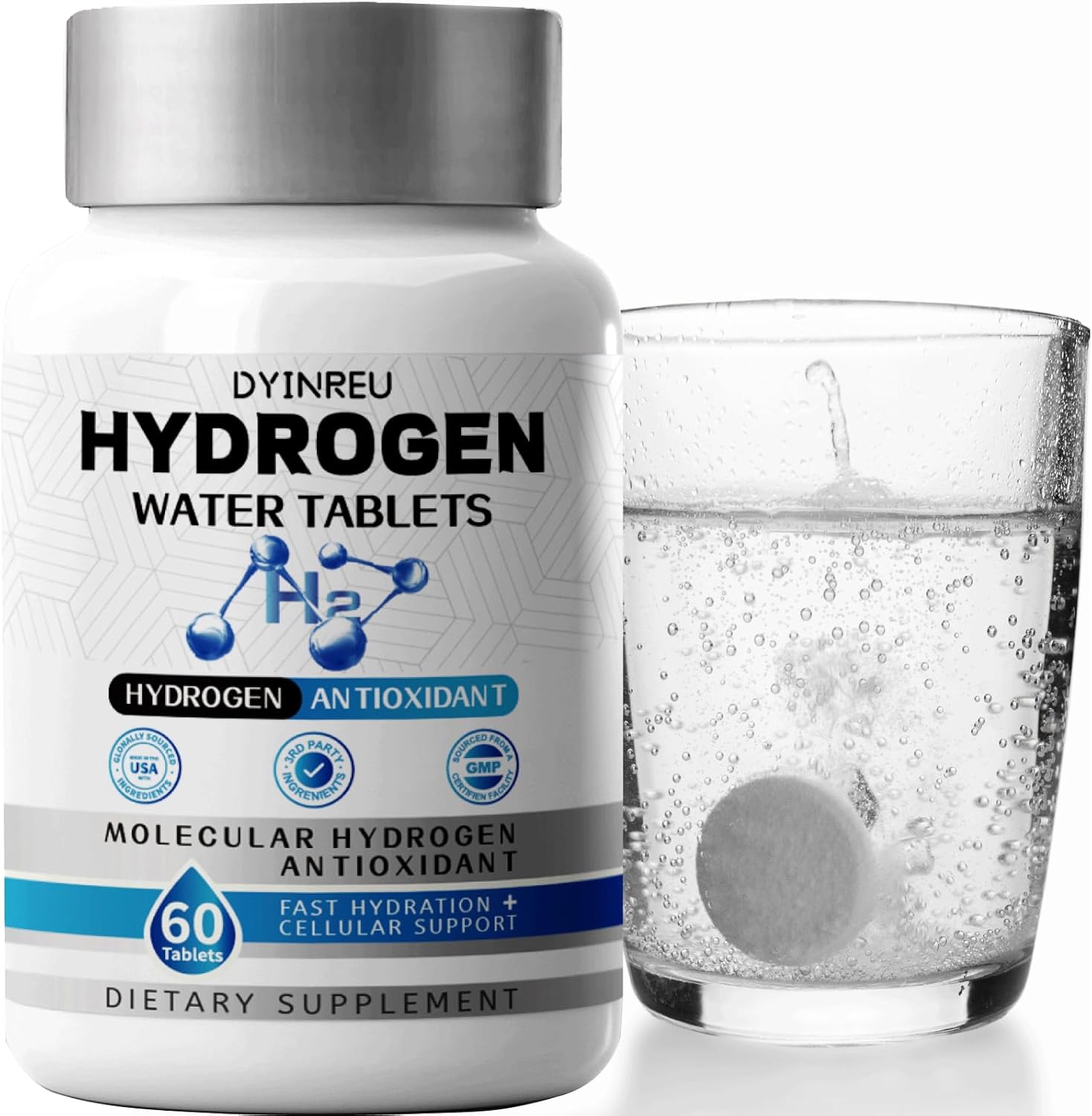 Hydrogen Water Tablets - 60 Tablets, H2 Molecular Hydrogen with Magnesium, Supports Brain Health and Cognitive Function, Boosts Energy & Metabolism, Non GMO