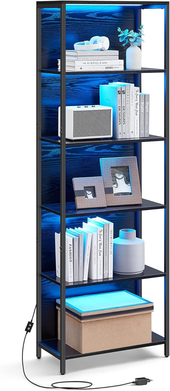 VASAGLE 6-Tier LED Bookcase, Bookshelf with Dimmable Lights, Storage Shelf with Steel Frame, 30.3 x 60 x 178.6 cm, for Living Room, Bedroom, Office, Ebony Black LLS120B58