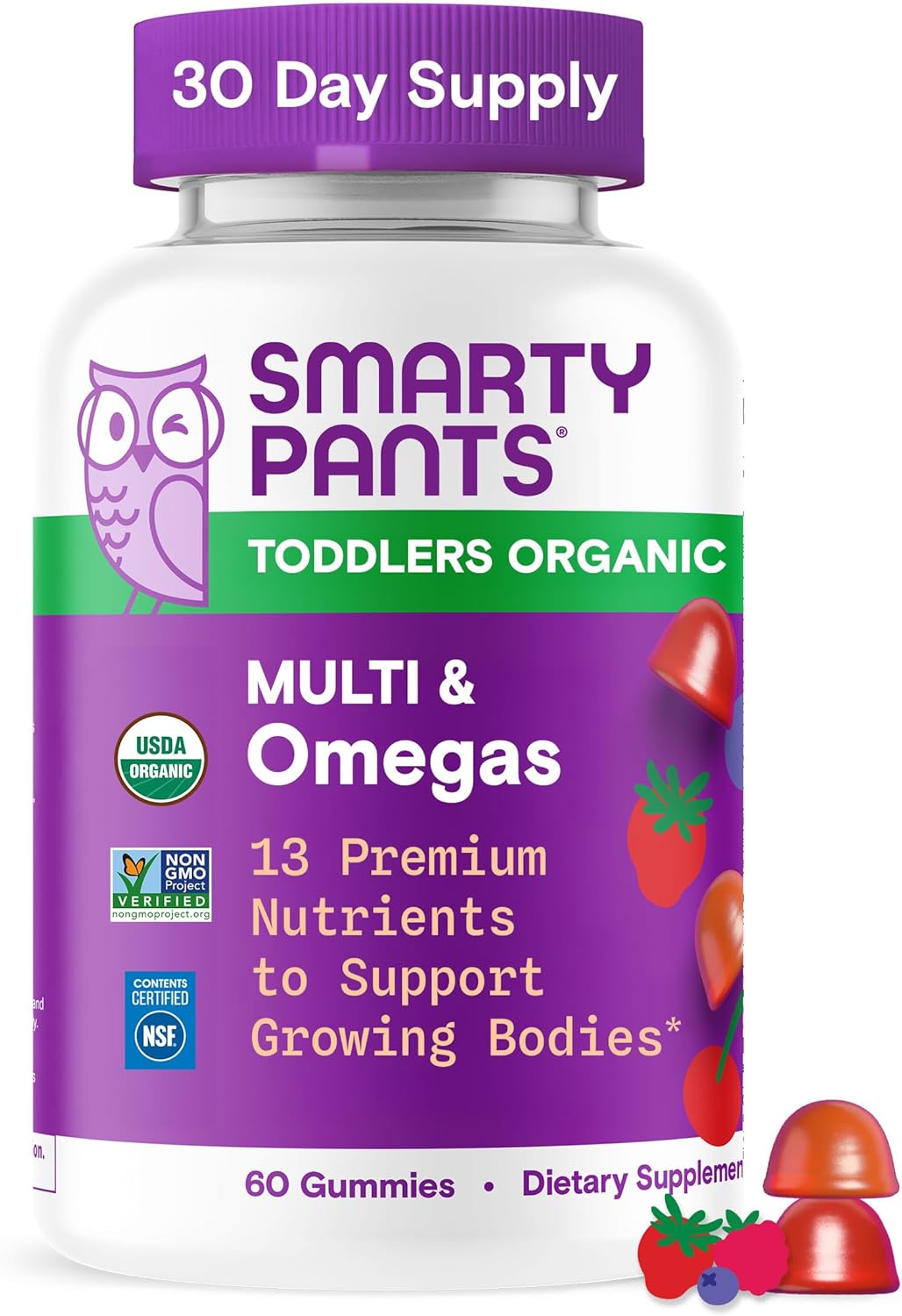 SmartyPants Organic Toddler Multivitamin Gummies: Omega 3 (ALA), Vitamin D3, C, Vitamin B12, B6, A, K & Zinc for Immune Support, Biotin, Vegetarian, Two Fruit Flavors, 60 Count (30 Day Supply)