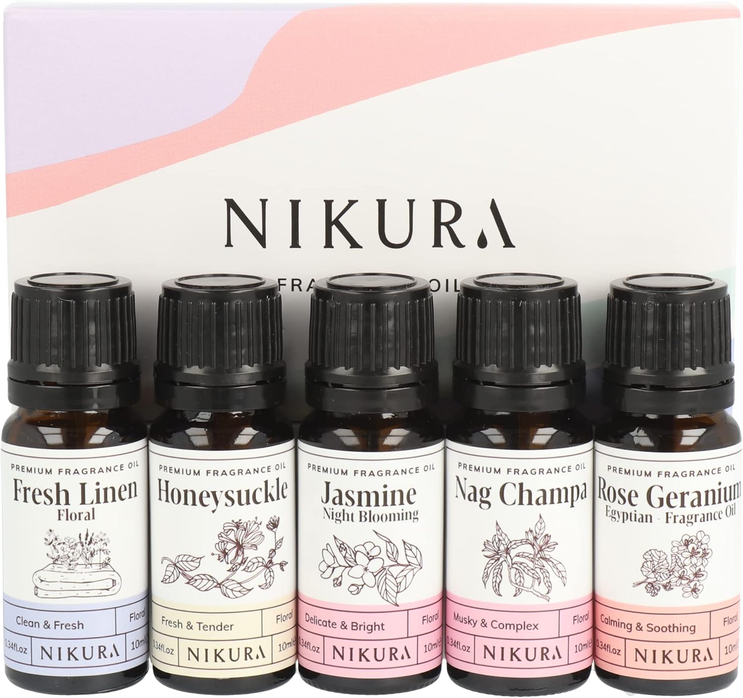 Nikura Floral Meadows Fragrance Oil Gift Set | Diffuser Oils for Oil Burners, Home, Diffusers |Candle Making, Soap, Wax Melts, Yoga, Car, Perfume, Bath Bomb | 5 x 10ml | UK Made Essential Oils