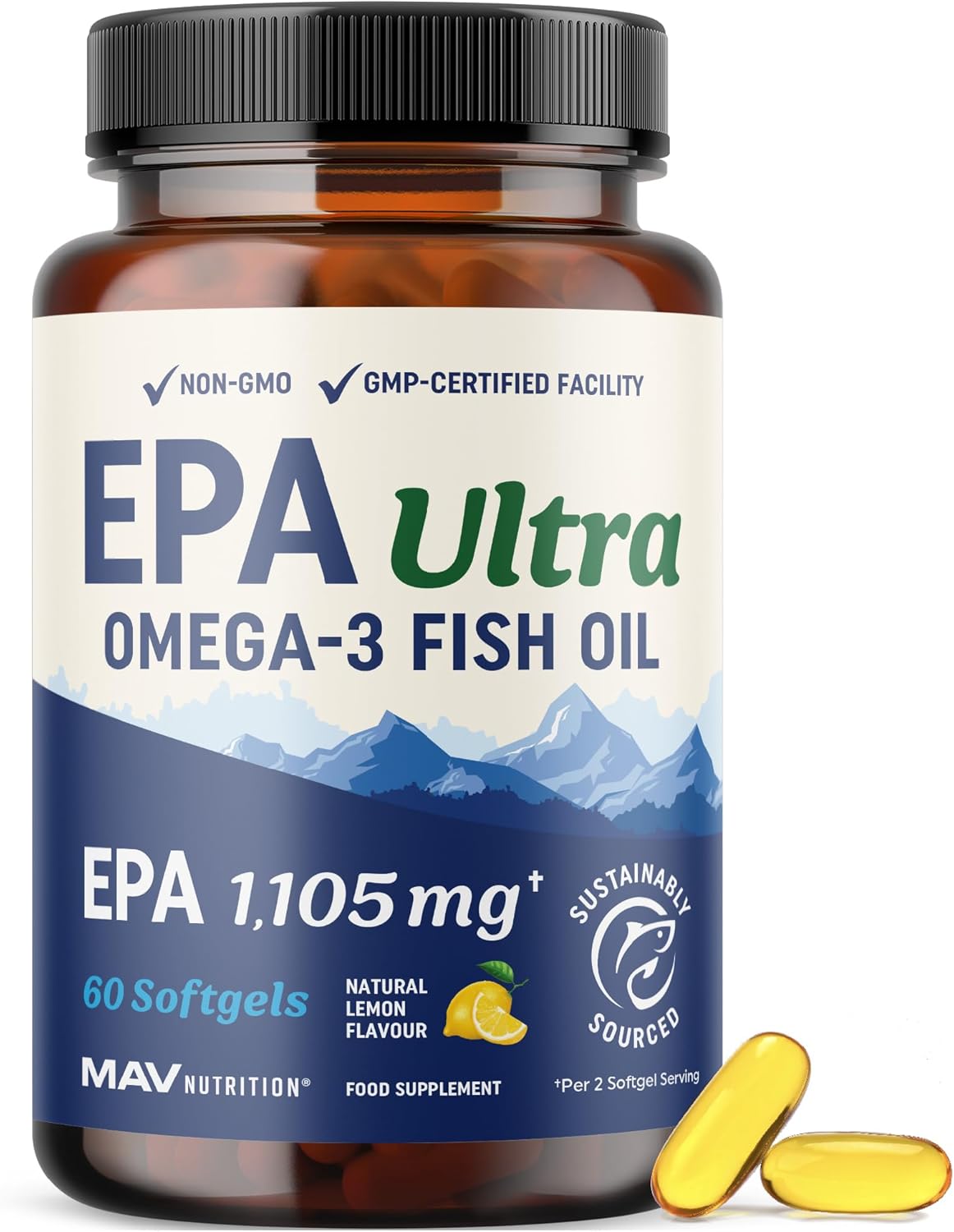 EPA Ultra 1,105MG | Heart Health & Cellular Function Support | Omega 3 Fish Oil | 1,650MG Total Omega-3 Fatty Acids | High Strength EPA Supplement | Sustainably Sourced & Gluten-Free | 60 Ct.