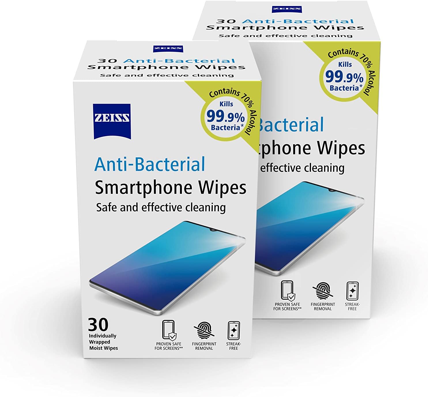 ZEISS Anti-Bacterial Smartphone Screen Wipes, for Computers, Cameras and Binoculars, Individually Packed Single Use Disposable Cloths in Sachets, 70 Percent Alcohol, White, One Size (pack of 2)