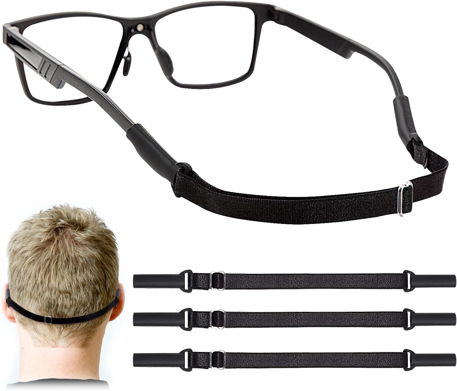 Adjustable Glasses Straps - 3 Pcs No Tail Adjustable Eyewear Retainer Glasse Strap for Men's Glasses Straps, Kids' Glasses Straps, Women's Glasses Straps, Sunglasses Straps, Black(7.5-13.5 inch)