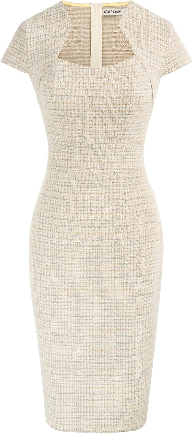 GRACE KARIN Women's Gorgeous Pencil Dress Cap Sleeve Tweed Pencil Dress for Work