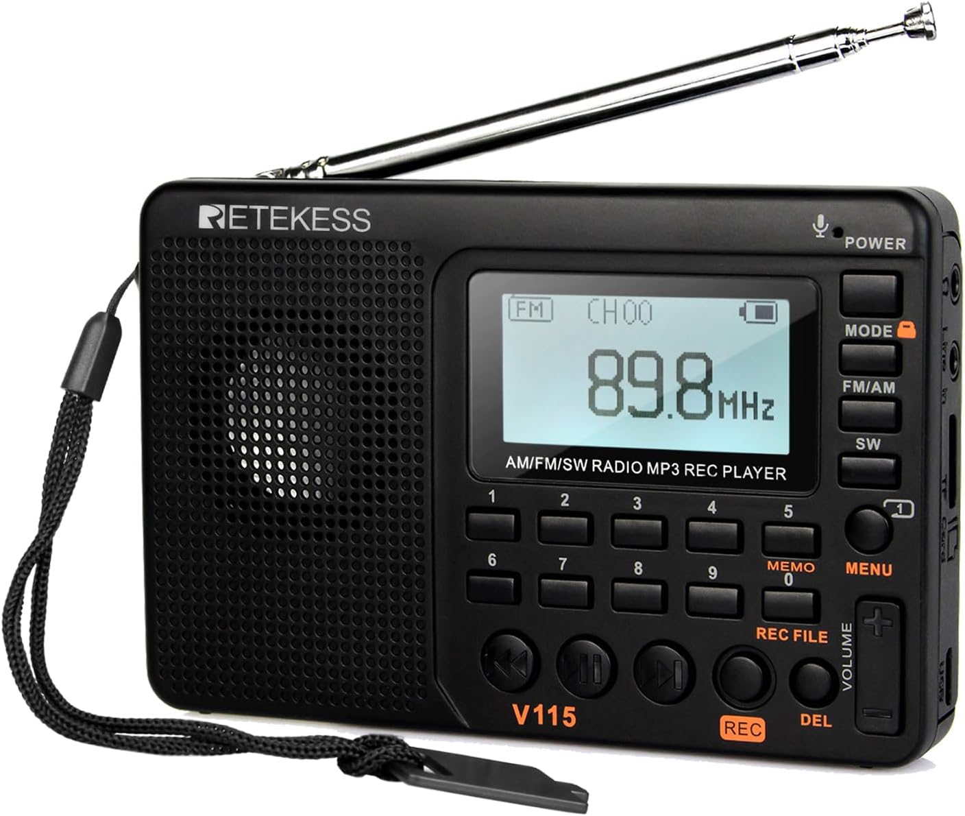 Retekess V115 Shortwave Radio, Digital Radio AM FM, Shortwave Receiver with 1000mAh Rechargeable Battery, Presets, TF/AUX Playback and Recording, Bass Speaker, for Camping