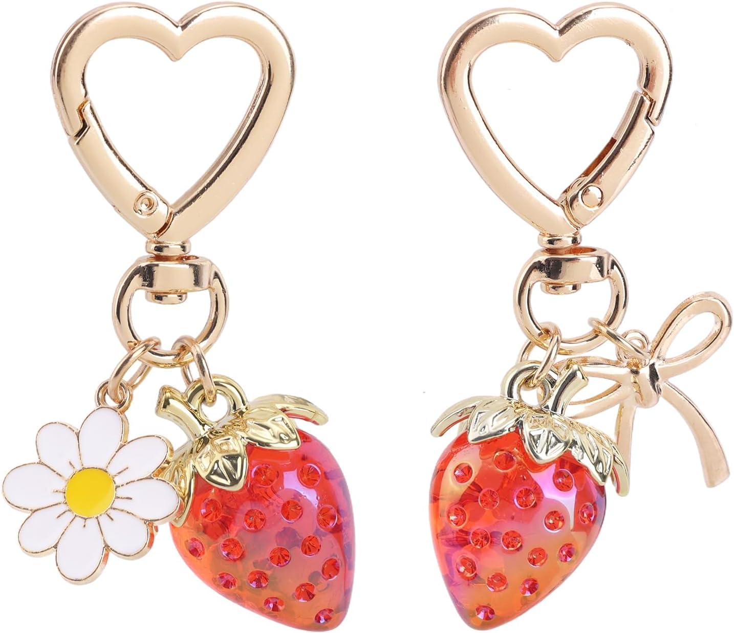 2pcs Cute Strawberry Keychains, Kawaii Heart Bowknot Daisy Flower Key Chain Keyrings Fruit Bag Charm Accessories Decors Gift for Girls Women Purse
