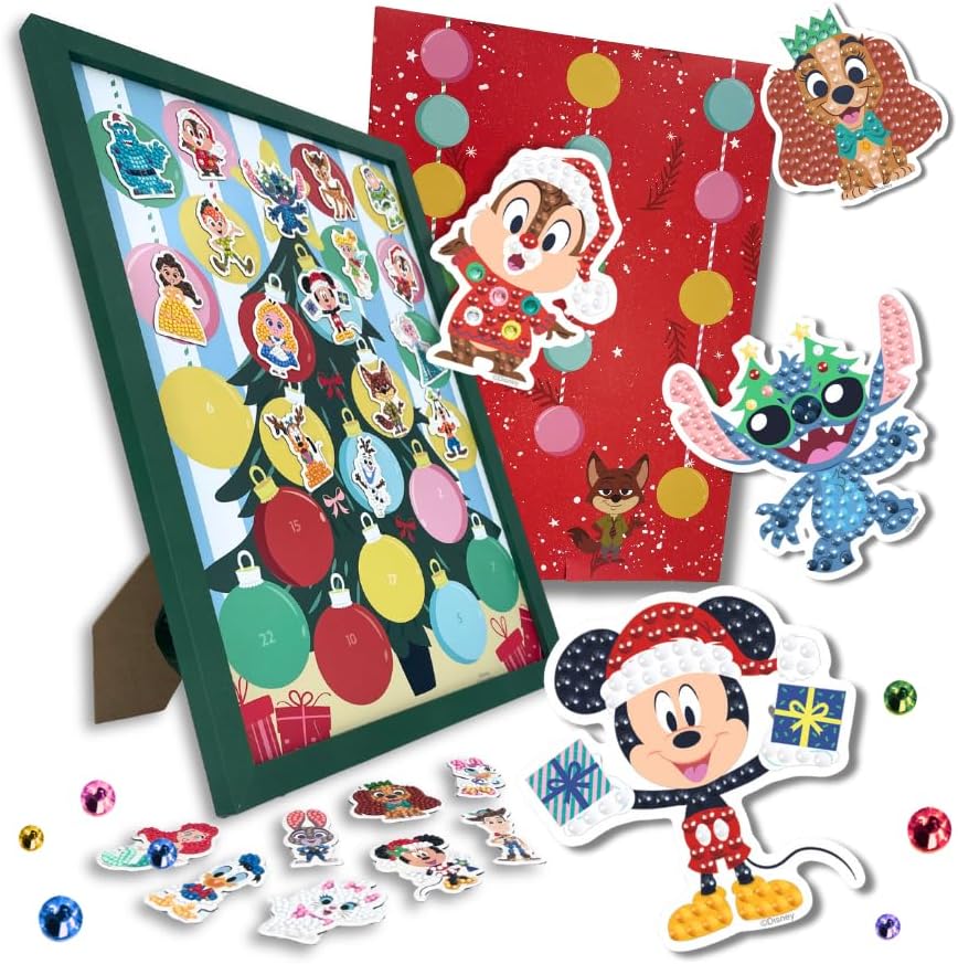 Disney Crystal Art Advent Calendar – 24 Magnetic Mini Kits with Disney & Pixar Characters | Wooden Display Frame (32×45 cm) | Tools & Gems Included | Family Diamond Art Christmas Kit by Craft Buddy