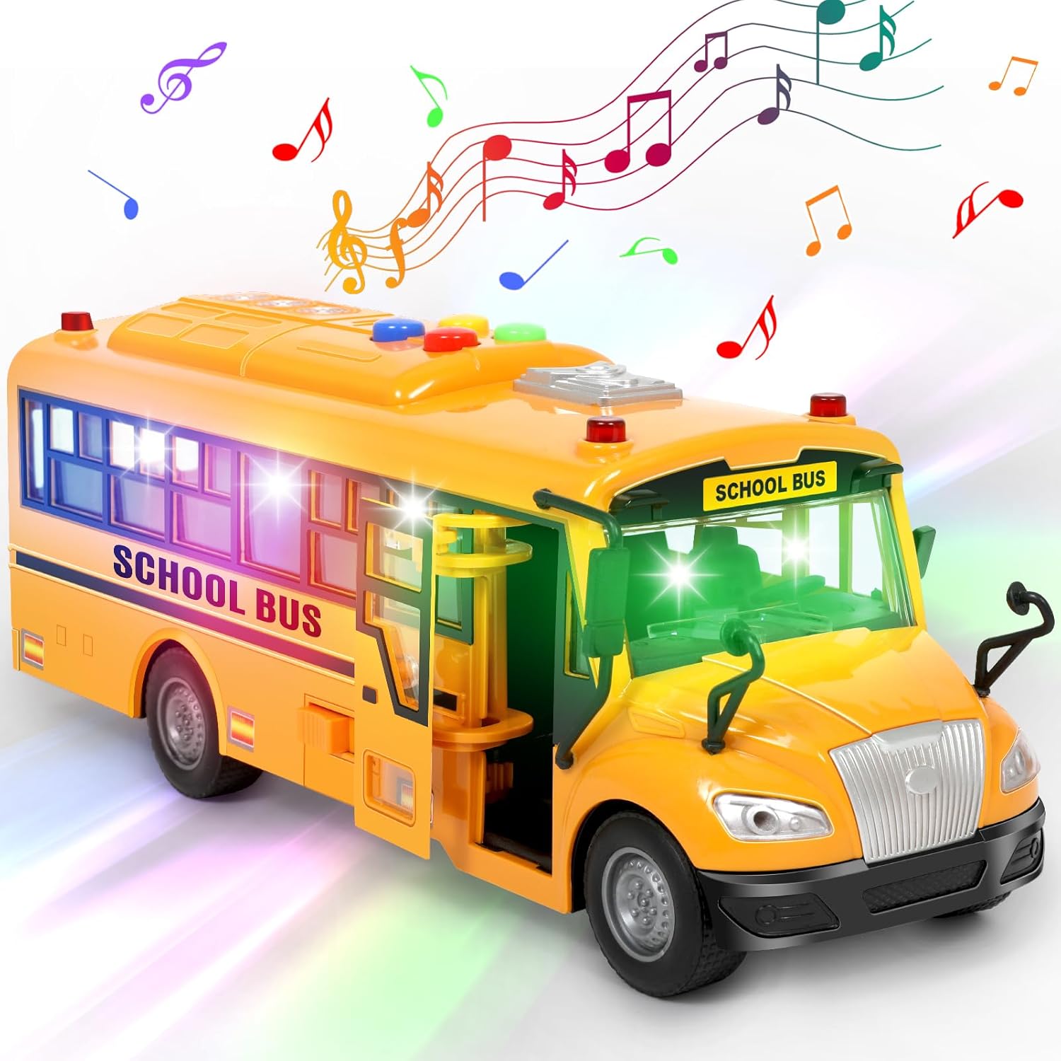 Yellow School Bus Toys for Toddlers 1-3 with 4 Different Flashing Lights & Sound, Back and Side Doors Open Friction-Powered Wheels Light Up Toy Buses Birthday Gift 2 3 4 Year Old and Up Girl Boy Toys