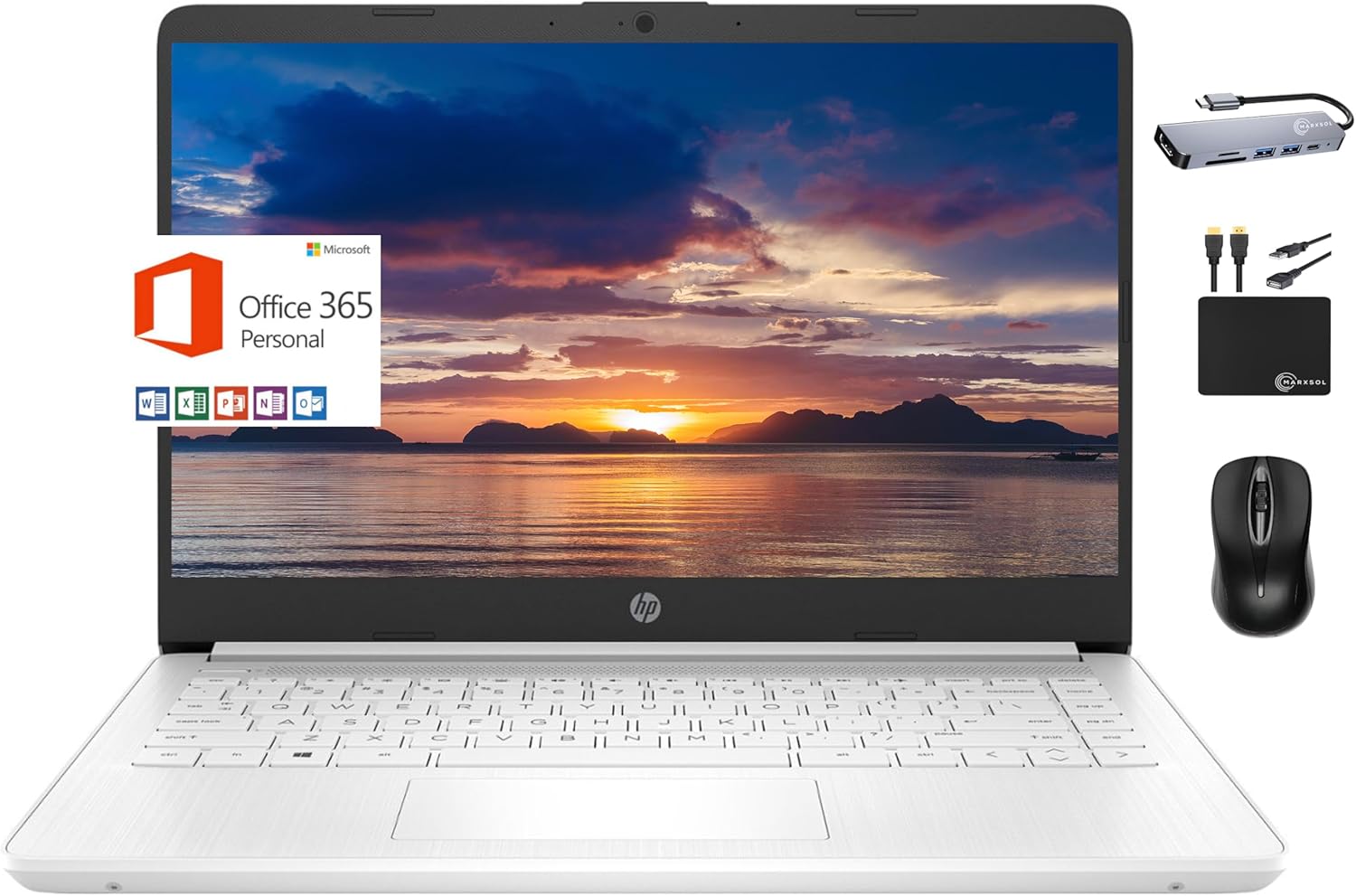 HP 2024 Premium 14" Micro-Edge Portable Laptop Student Business, Intel Quad-Core N4120, 16GB RAM, 320GB (64GB eMMC+ 256GB Card), Webcam, WiFi, Windows 11S + 1 Year Office 365, MarxsolAccessory White