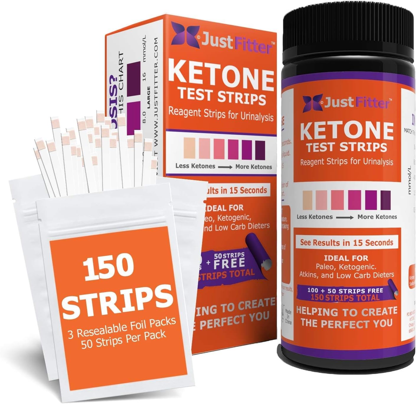Just Fitter Ketone Test Strips - Accurate 150 Keto Test Strips for Ketosis Testing - Instant 15 Second Results for Ketogenic Diet