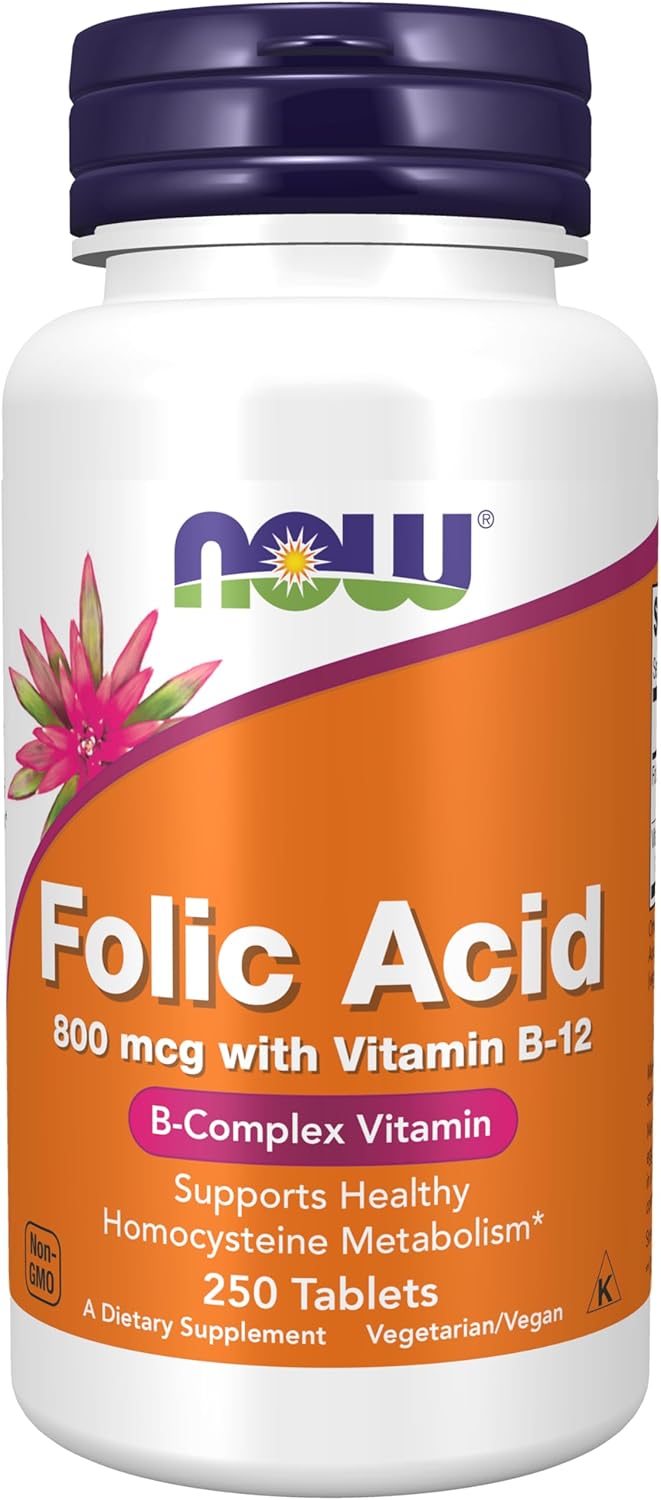 NOW Foods Supplements, Folic Acid 800 mcg + B-12 (Cyanocobalamin) 25 mcg, B Complex Vitamin, 250 Tablets