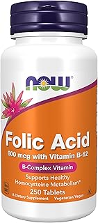 NOW Foods Supplements, Folic Acid 800 mcg + B-12 (Cyanocobalamin) 25 mcg, B Complex Vitamin, 250 Tablets