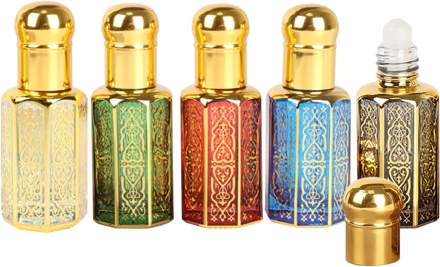 CHSEEO 5-Piece Essential Oil Roller Bottles, 12ml/0.4oz Refillable Vintage Roller Ball Bottles - 5 Colors, Egyptian Arabic Style
