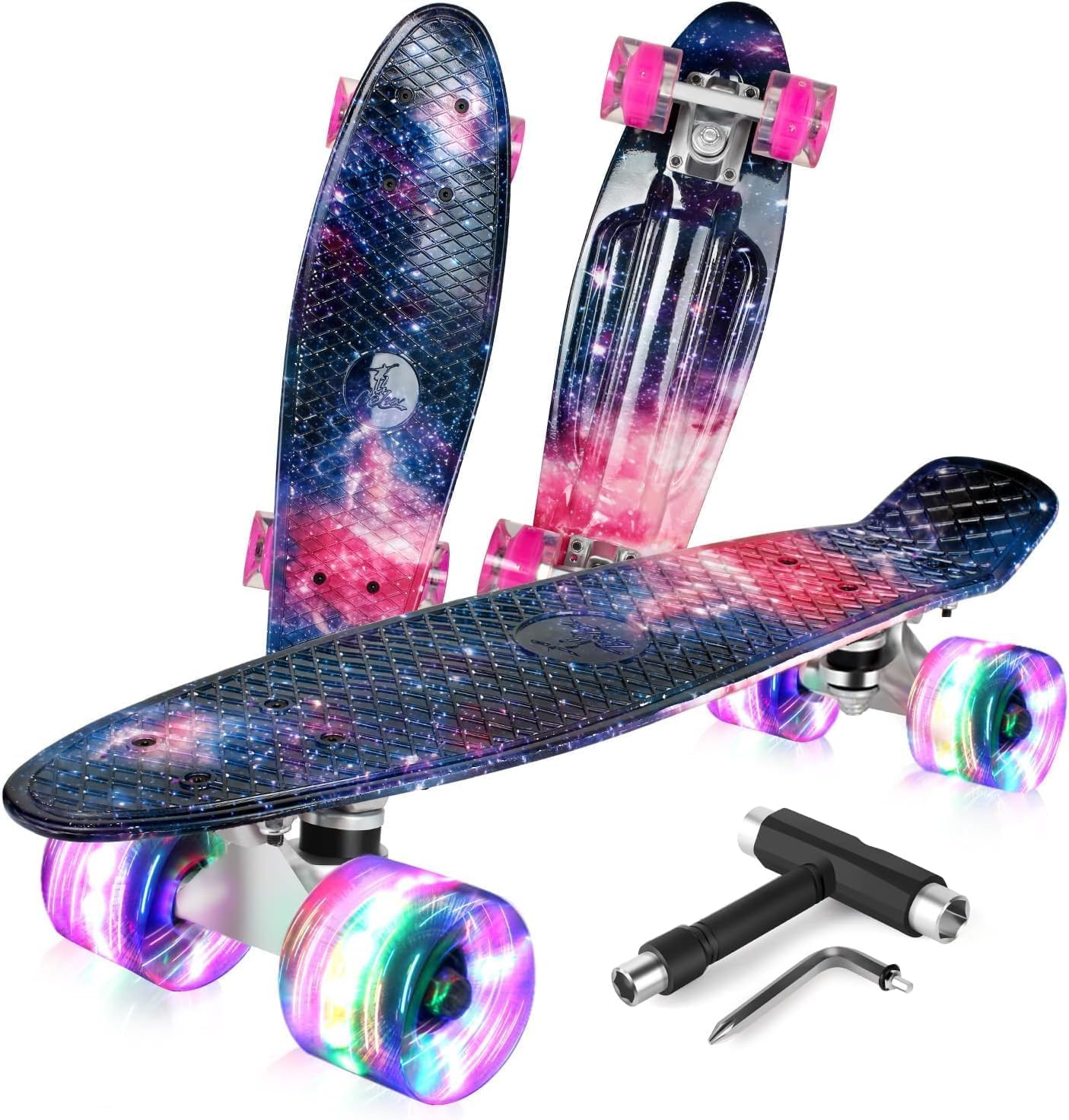 BELEEV 22 inch Skateboards for Kids, Cruiser Skateboard for Girls Boys Teens Adults Beginners, LED Light up Wheels, Mini Skateboards Classic Complete Skate Board with Skate T-Tool, Max Load 220 LBS