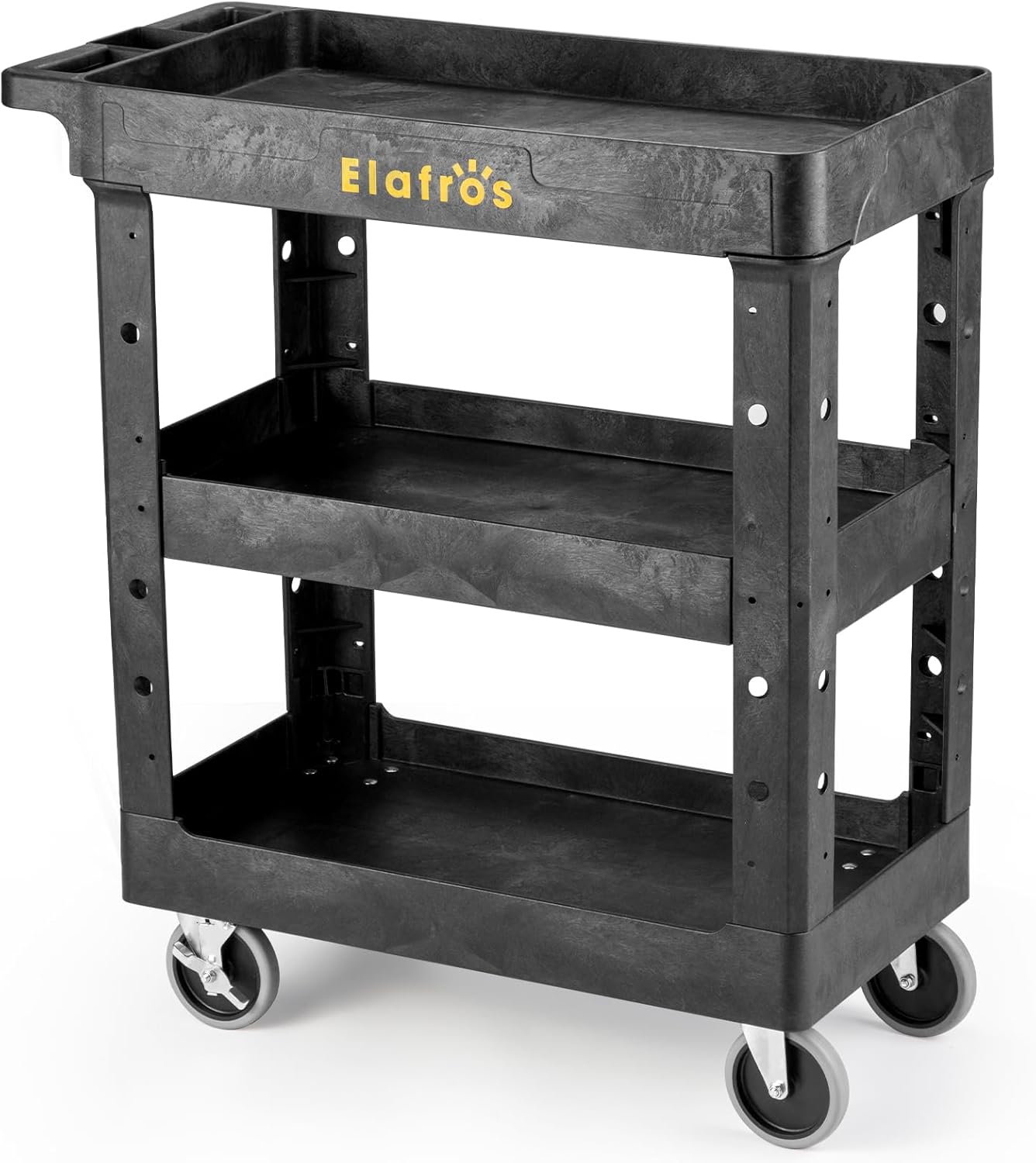 ELAFROS 3 Shelf Heavy Duty Utility Cart, 34" x 17" x 38.5", Rolling Work Cart with 4 Swivel Wheels, Deep Shelves, Safely Holds up to 550 lbs 3-Tier Service Tool Cart, Black