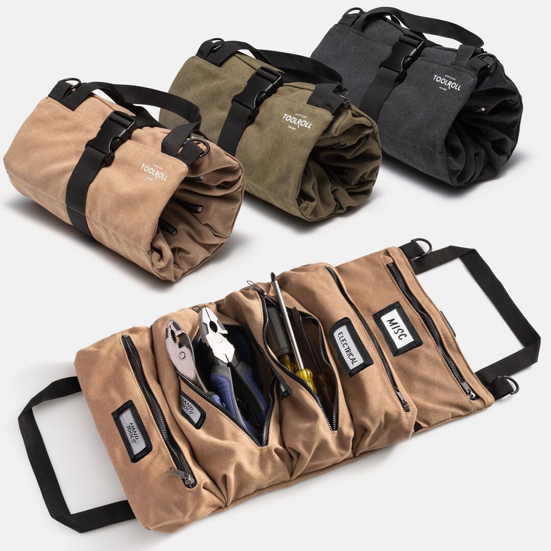 Official Legacy Tool Roll Bag - Easy to Carry 5-Pocket Roll Up Tool Bag - Durable Canvas, Rust-Proof YKK Zippers & Secure Buckle - A Loving Gift for Dads, Mechanics, Electricians & Hobbyists | Khaki