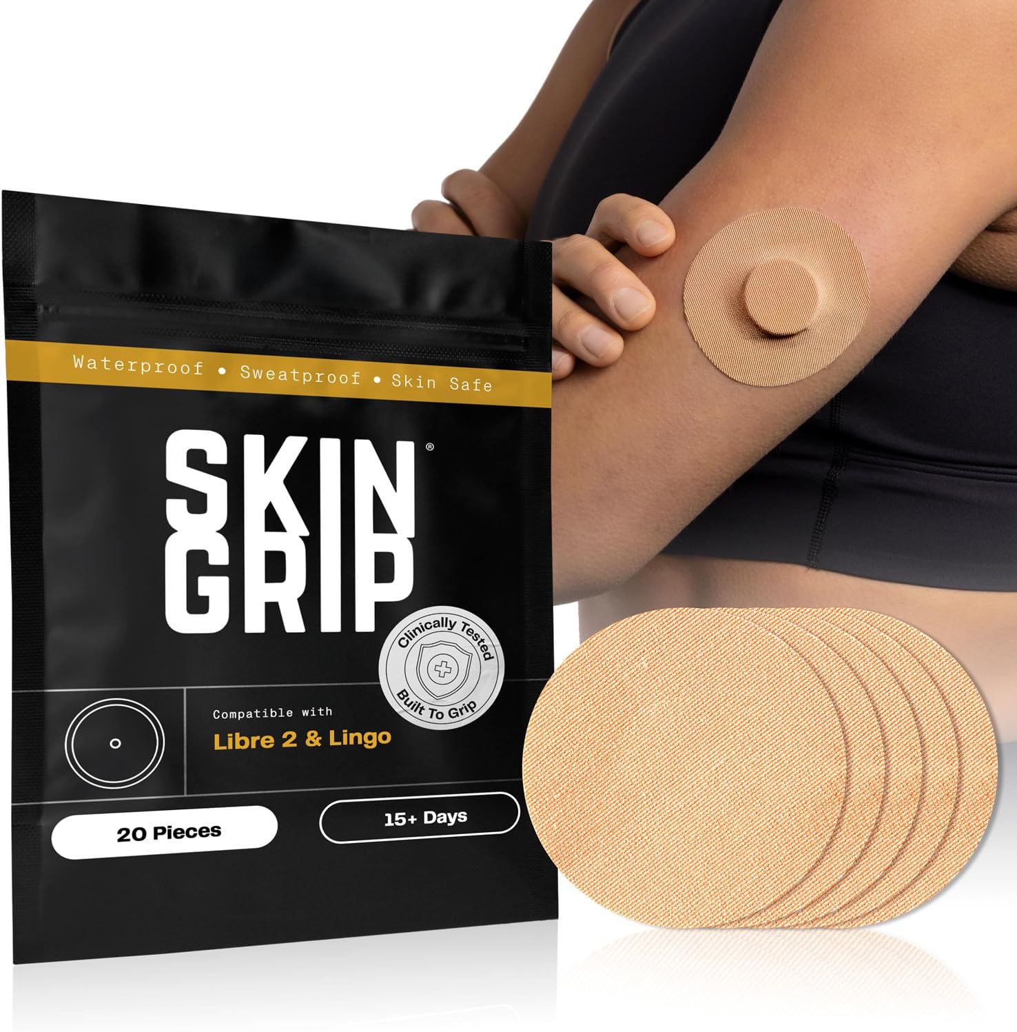 Skin Grip CGM Patches for Freestyle Libre (20-Pack), Waterproof & Sweatproof for 10-14 Days, Pre-Cut Adhesive Tape, Continuous Glucose Monitor Protection (Tan)