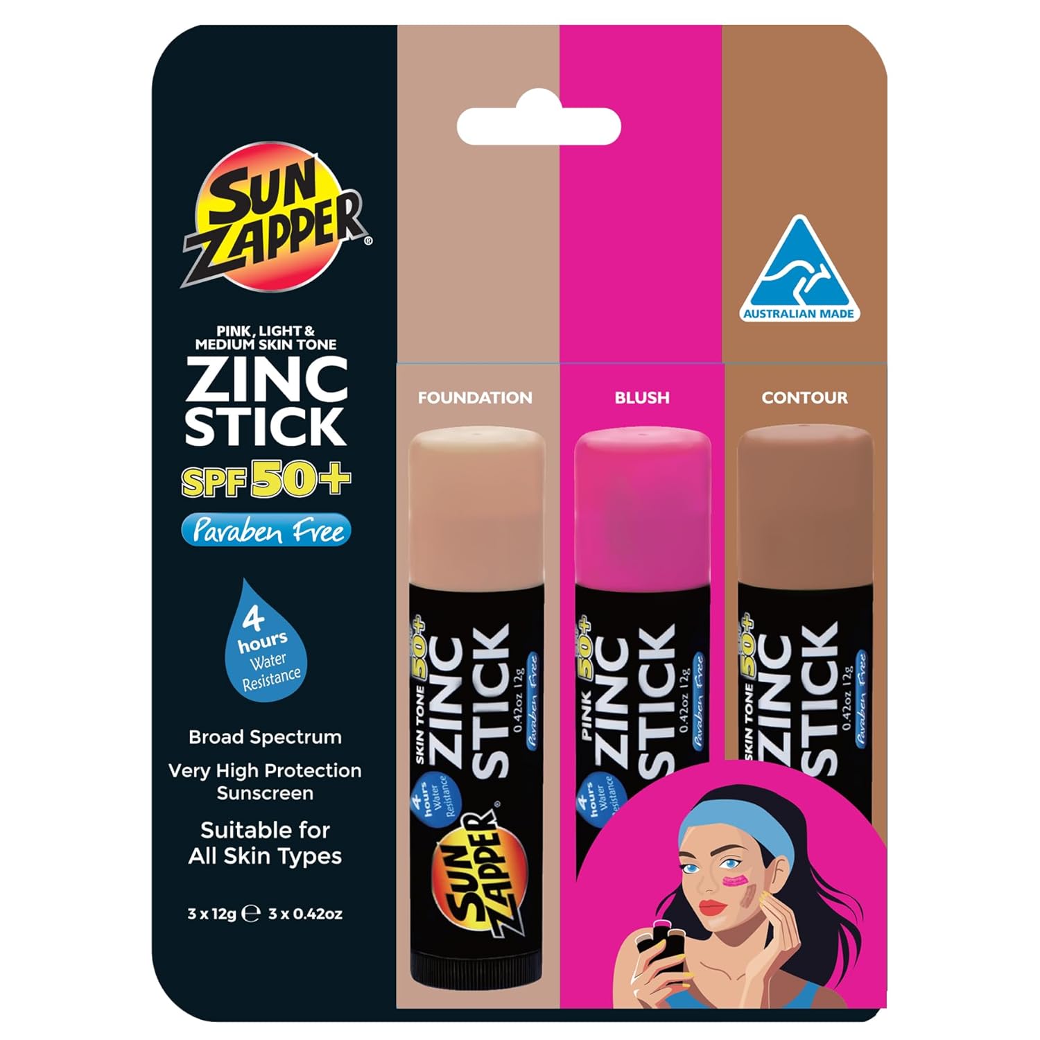 Sun Zapper Zinc Oxide Sunscreen Stick – SPF 50+ Tinted 3-Pack (Light, Dark, Pink) – Sunscreen Stick, SPF Makeup, Sunscreen Makeup, SPF Blush, Sunscreen Blush – Water Resistant, Made in Australia