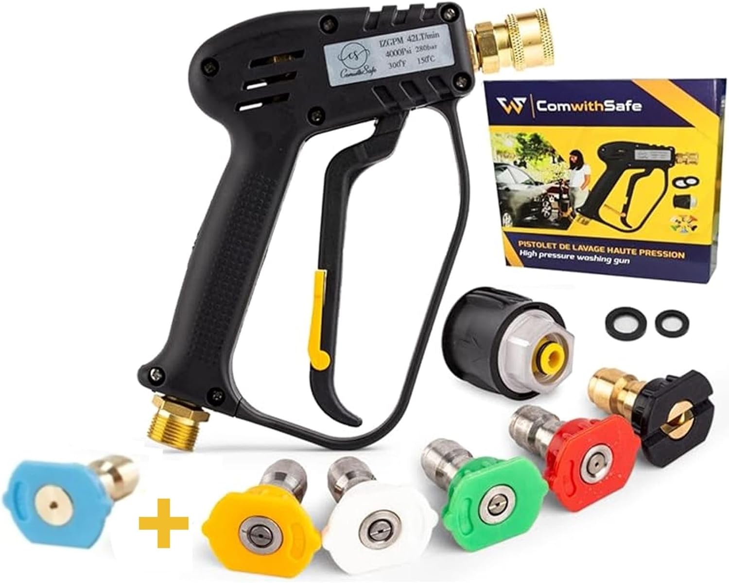 4000 PSI High Pressure Jet Washer Gun with 6 Nozzle Accessories for 0° to 60° Adjustable Water Jets; M22(14mm) Interface, Karcher K1-K7 Compatible Adapter, 2 Water Filters and Guide Included