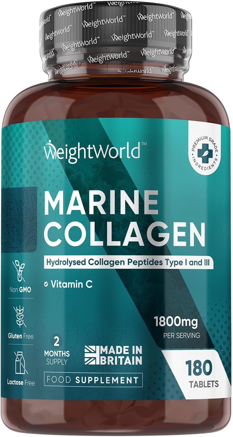 Hydrolysed Marine Collagen Tablets 1800mg - Collagen Supplements for Women & Men - 180 Tablets - with Type 1 & 3 Peptides & Vitamin C - Made in The UK