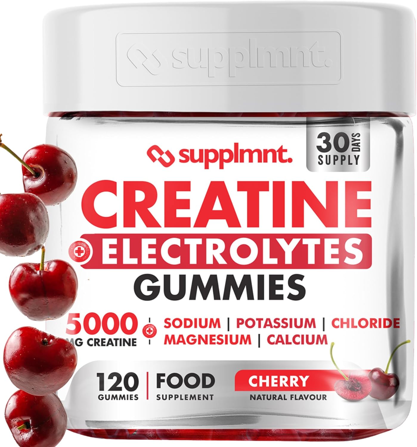 Supplmnt. Creatine Gummies with Electrolytes, 5000mg Creatine Monohydrate, Cherry Flavour, 120 Gummies, Vegan, Gluten-Free, Non-GMO, Food Supplement, 30-Day Supply