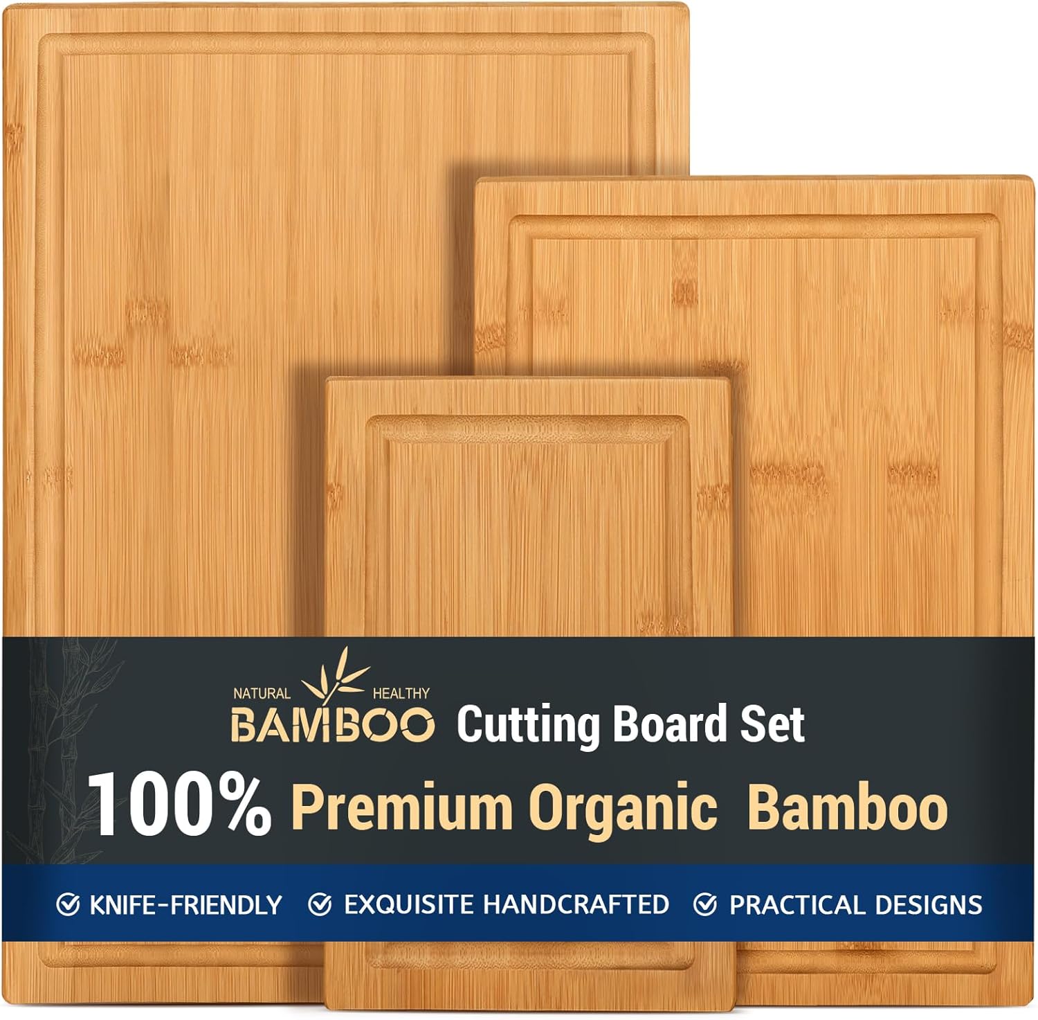 Hiware 3-piece Bamboo Cutting Boards for Kitchen, Heavy Duty Bamboo Cutting Board with Juice Groove, Wood Cutting Board Set for Meat, Vegetables