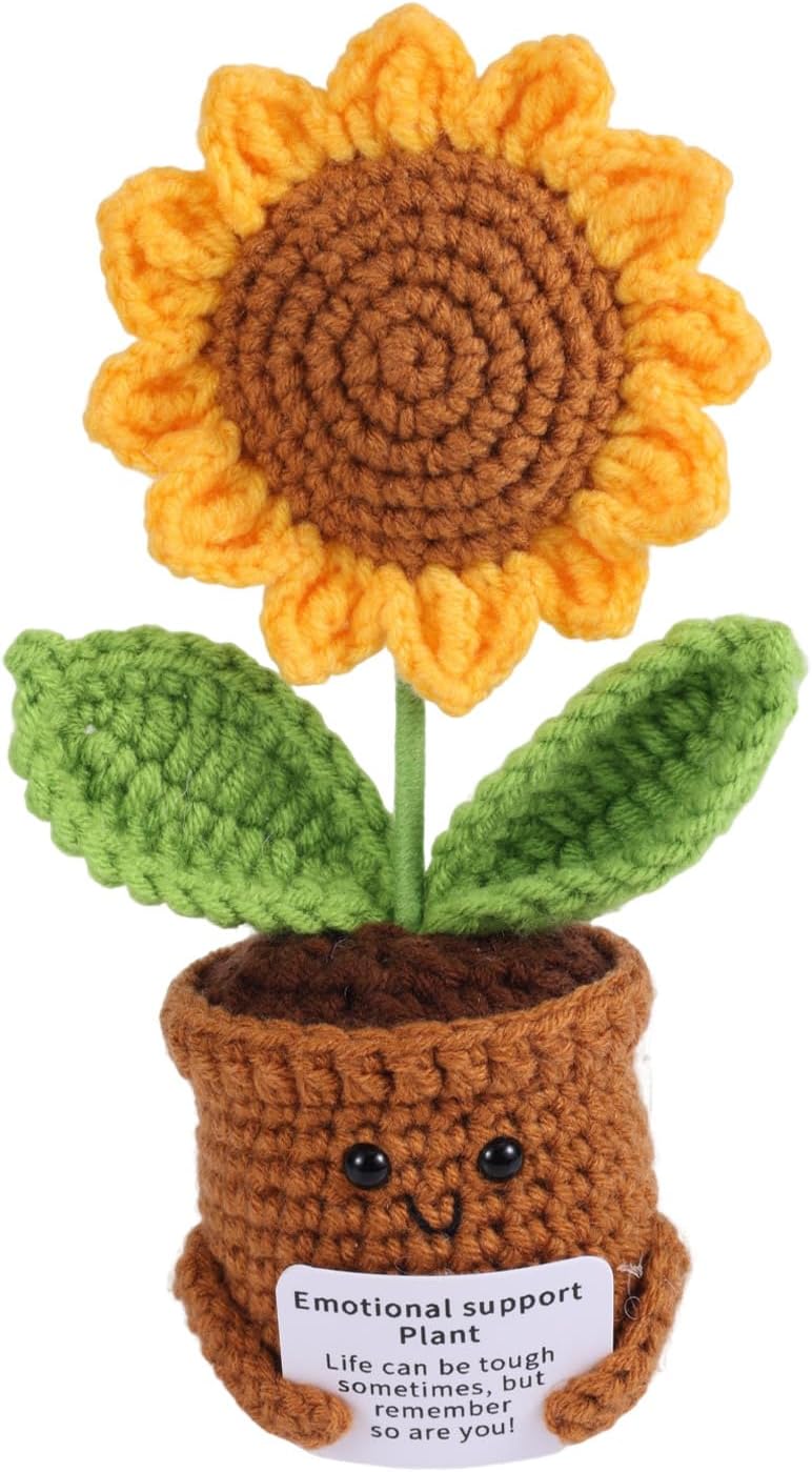 TOYMIS Crochet Sunflower, Cute Crochet Sunflower Decoration with Encouragement Card Emotional Plush Positive Support Knitted Plant Artificial Flower for Women Men Home Office Decoration