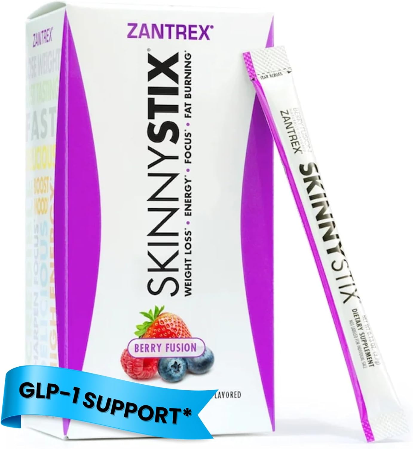 Zantrex SkinnyStix Energy Powder – Lose Weight, GLP-1, Appetite Suppressant, Boost Mood – 10 Calories – Yerba Mate, Coffee Bean – 30 Stix, Berry