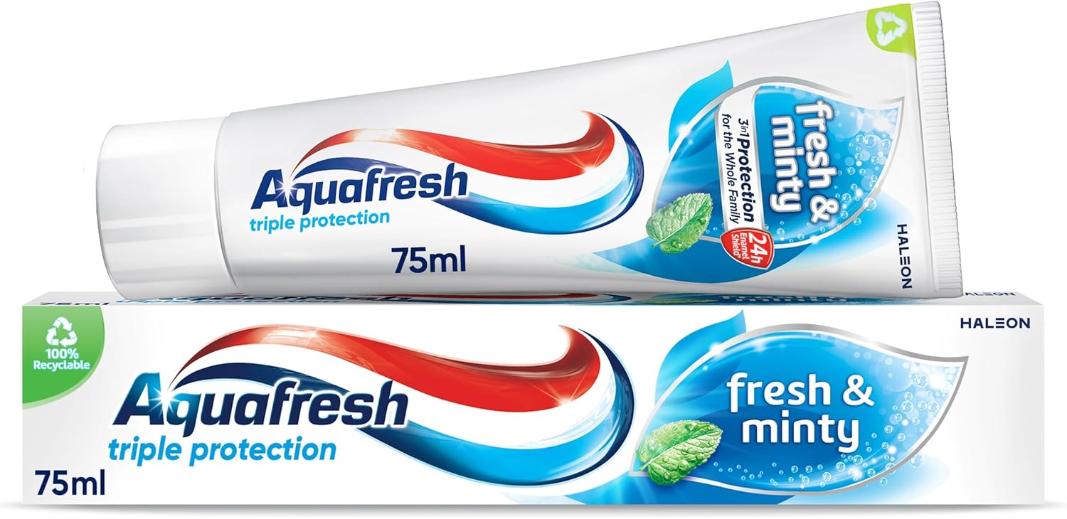 Aquafresh Fresh and Minty Fluoride Toothpaste, Triple Protection, Rebuilds enamel Strength, Helps protect gums* and Refreshes breath, 75ml