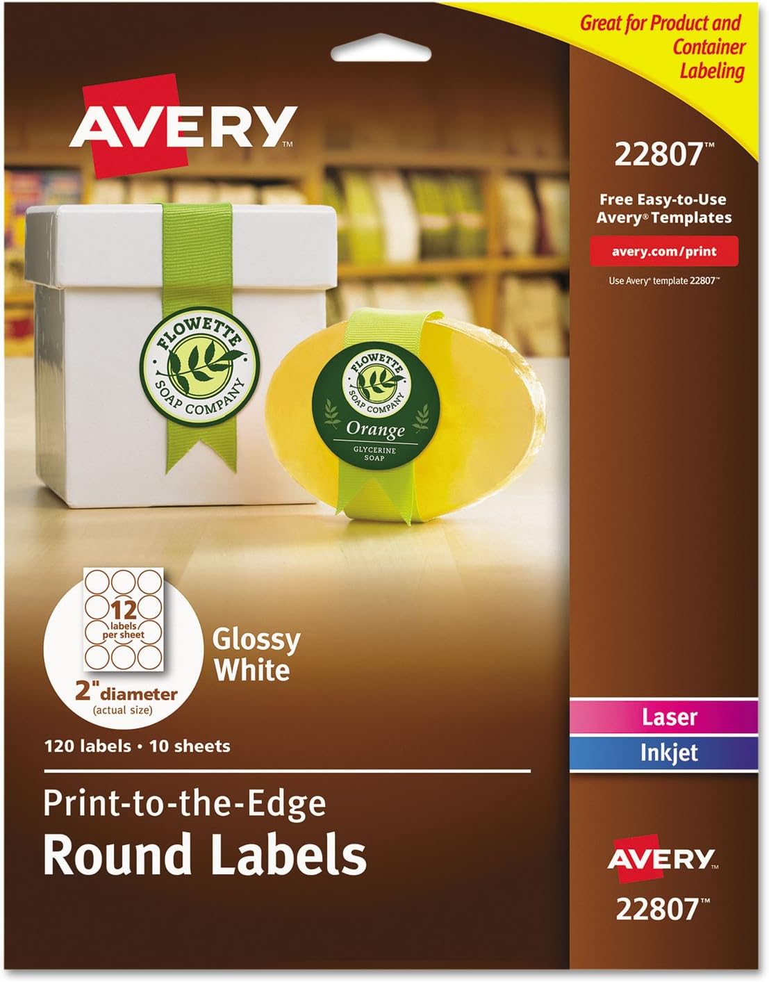 Avery Printable Round Labels, Sure Feed Technology, Glossy White Labels, 2" Diameter, Permanent Adhesive, Laser/Inkjet, 120 Total (22807)