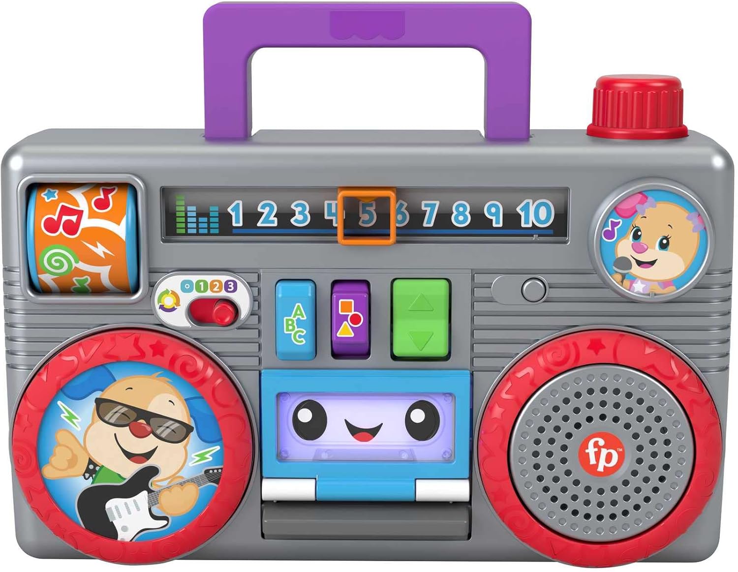Fisher-Price Laugh & Learn Busy Boombox - UK English Edition, retro-inspired musical infant activity toy with learning content for baby and toddlers, GYC18