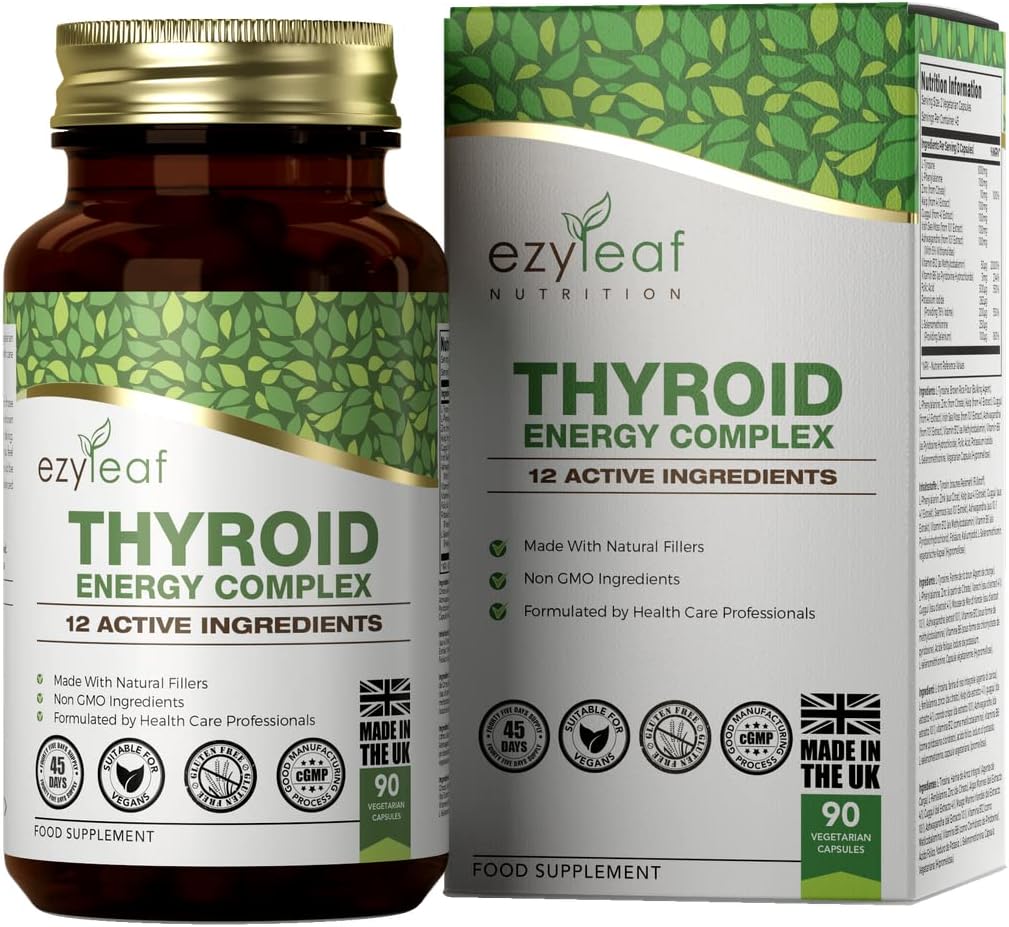 Ezyleaf Thyroid Complex | L Tyrosine Thyroid Support Supplement with Ashwagandha, Iodine, Zinc, Kelp, Sea Moss, Potassium Iodide, Guggul Extract & Selenium | 90 L-Tyrosine Capsules | UK ISO Certified