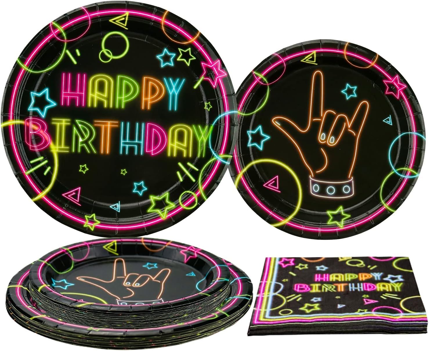 Glow Neon Party Supplies - Glow in the Dark Happy Birthday Plates and Fluorescent Napkins for Blacklight Neon Party Decorations, Serves 20 Guests