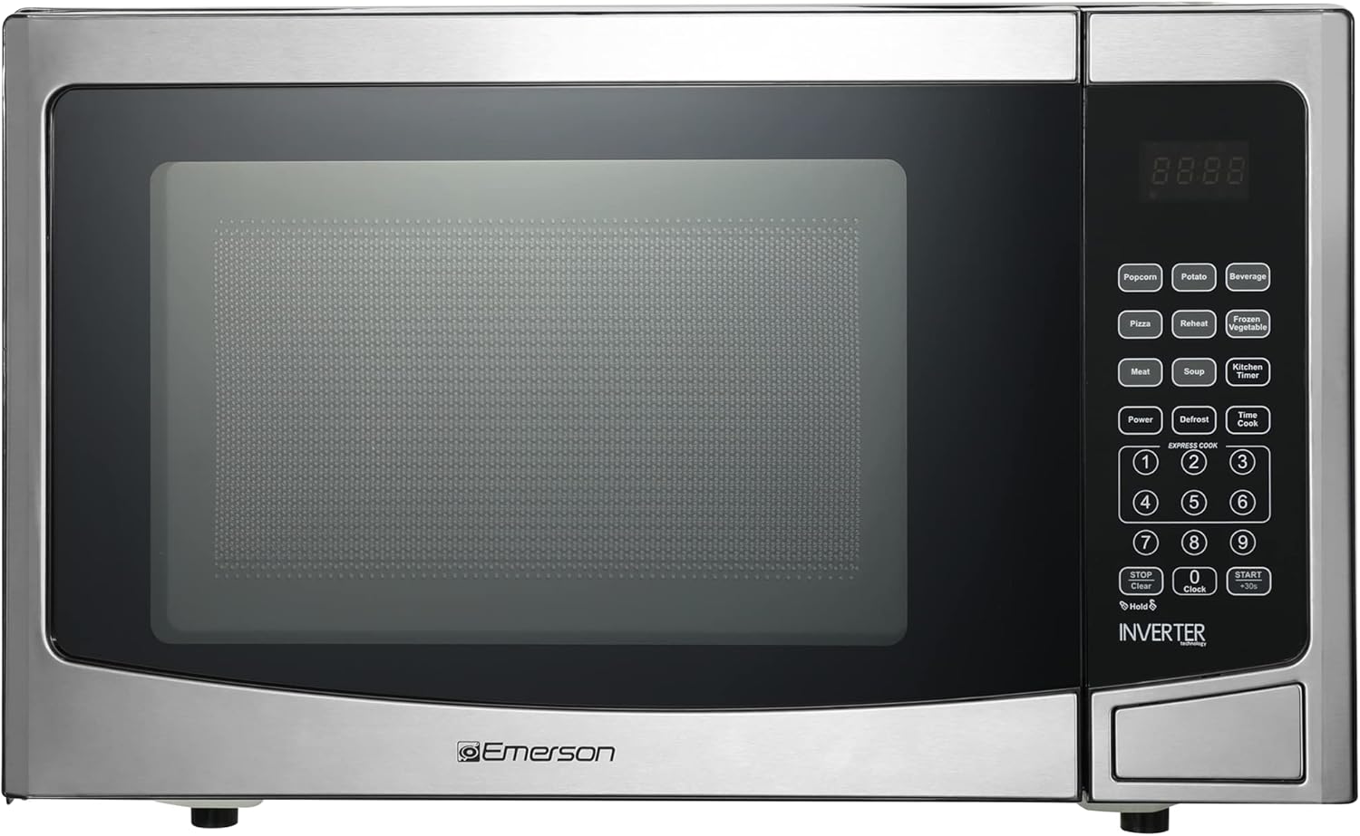 Emerson MWI1212SS Countertop Microwave Oven with Inverter and Button Control, LED Display 1000W 10 Power Levels, 8 Auto Menus, Glass Turntable and Child Safe Lock, 1.2 Cu. Ft, Stainless Steel
