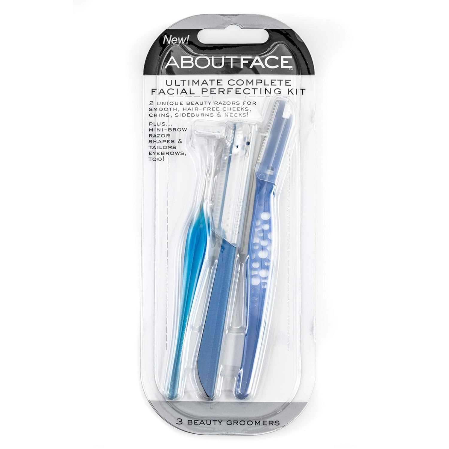 About Face Ultimate Complete Facial Perfecting Kit - 3 Beauty Groomers for Hair Removal, Ideal for Shaving, Exfoliating, Dermaplaning and Brow Shaping, Japanese Steel Gently Removes Facial Hair