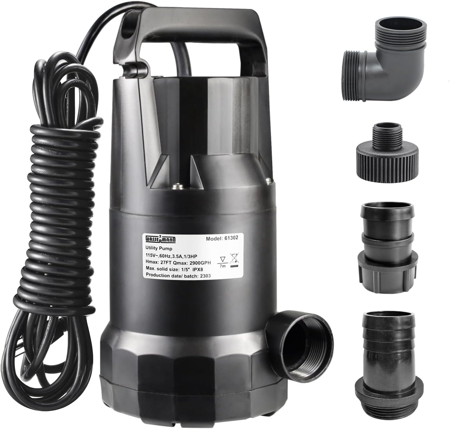 WASSERMANN 1/3HP Submersible Water Pump-Oil Free Design with 10 FT Power Cord,2900GPH Thermoplastic Utility Portable Transfer Pump Clean Water Removal Drain Pump for Swimming Pool Garden Basement