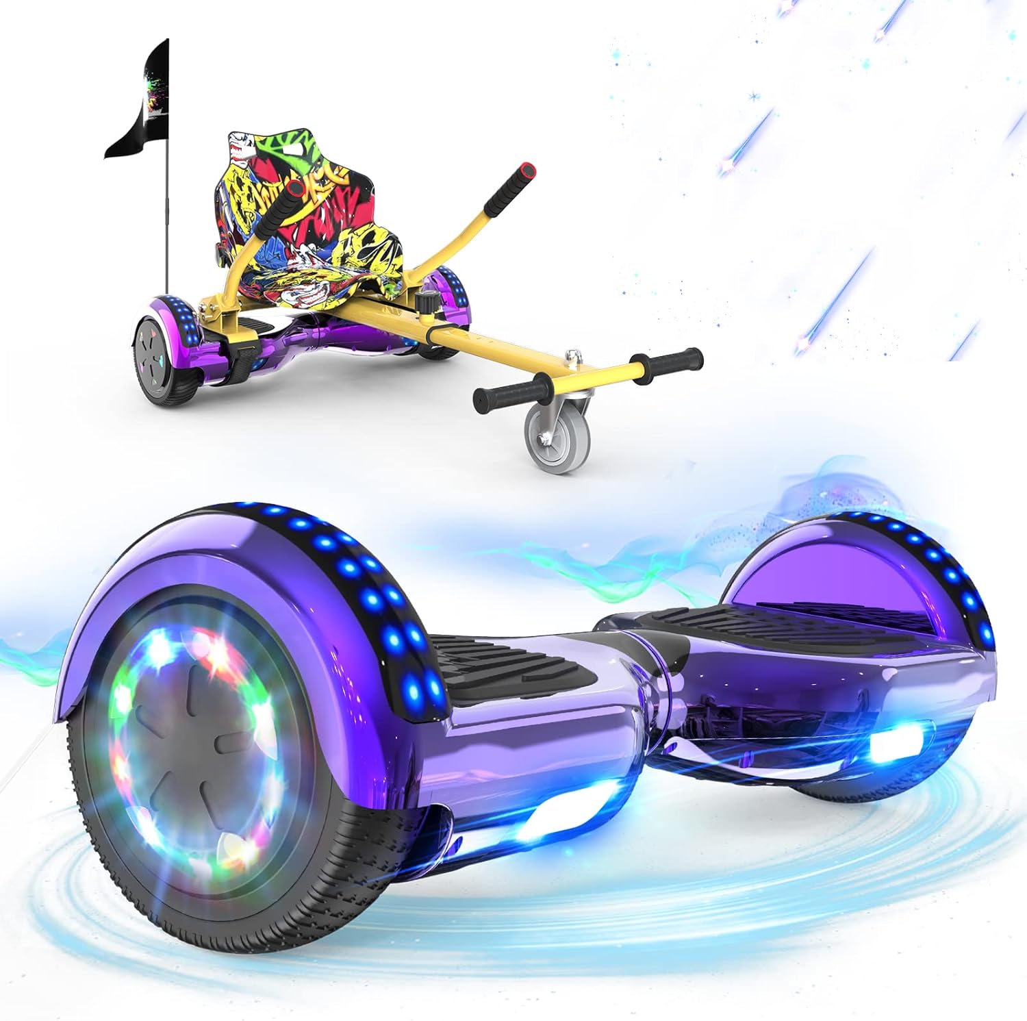 RCB Hoverboards with Go Kart Seat Bundle for Kids Segways Built in LED lights Bluetooth Speaker Hoverboards, Gift for Kids and Adult