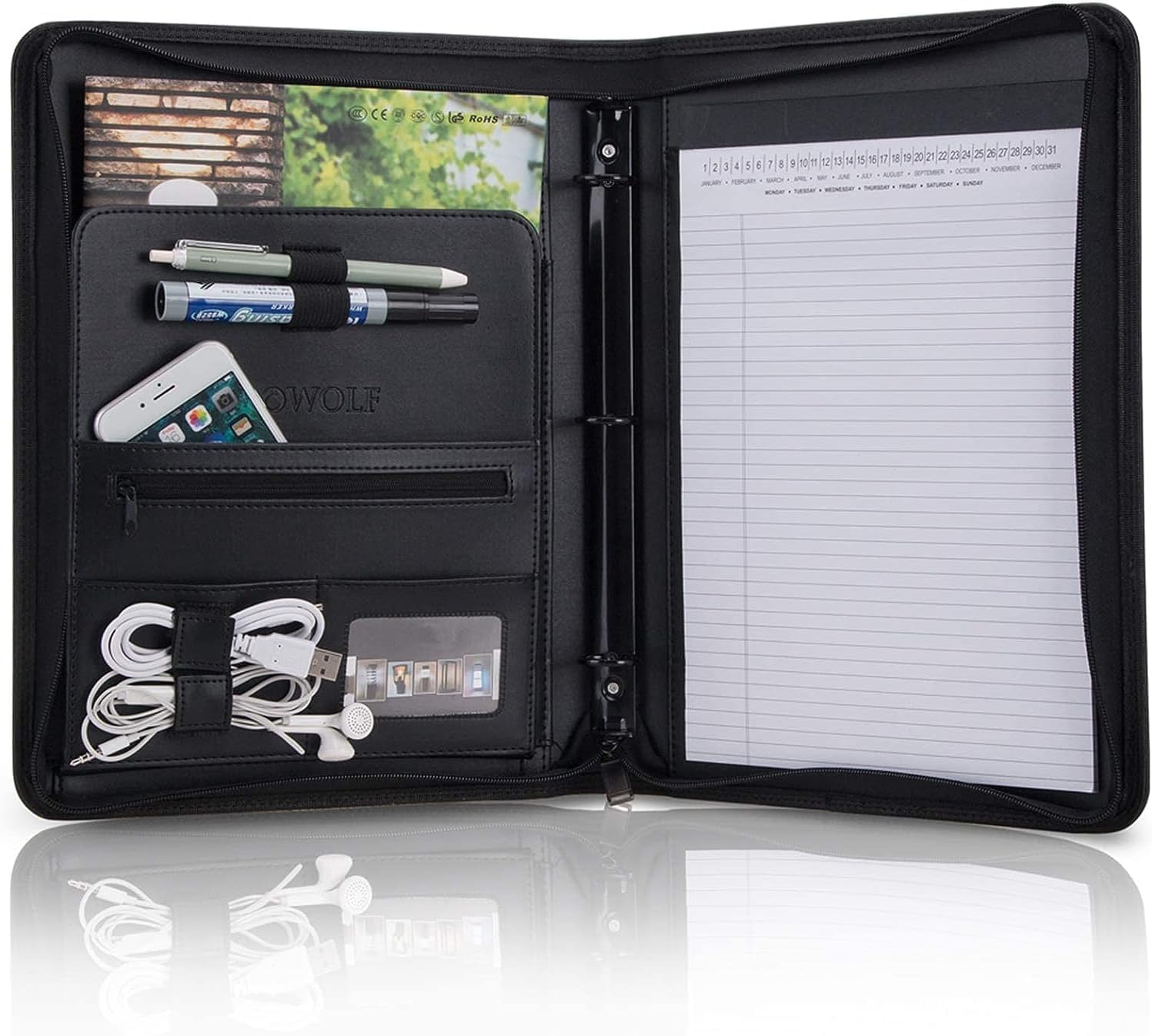 OOWOLF Padfolio Portfolio Folder, PU Leather Professional with Round Ring Binder 8.5 x 11 Inch Writing Pad Tablet Sleeve Interview Resume Document Organizer Business Card Holder Zippered Closure