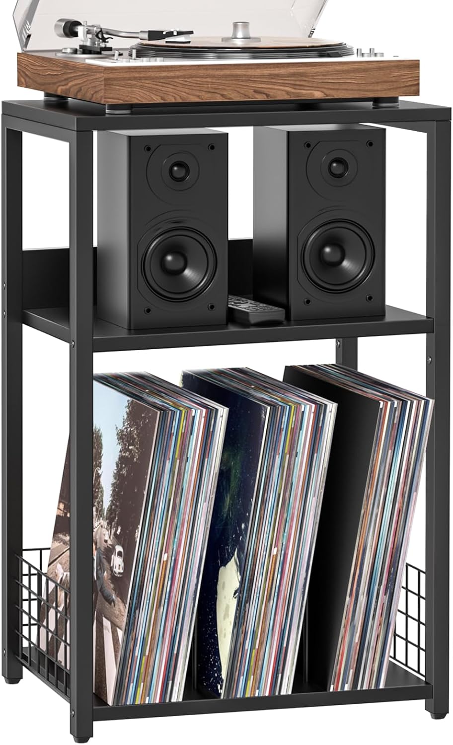 LELELINKY Large Black Record Player Stand, 3 Tier 18" Wide Big End Table with Vinyl Storage Up to 130 Albums, Industrial Turntable Printer Tables, Modern Side Tables for Living Room, Bedroom, Office