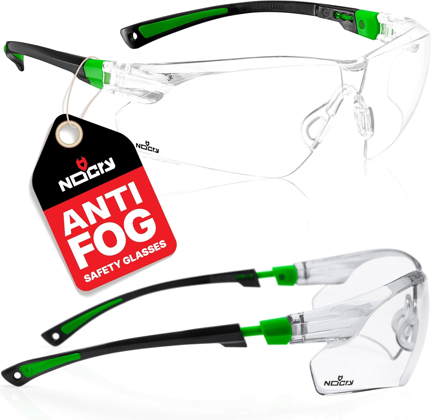 NoCry Clear Safety Glasses for Work with Anti Fog Scratch Resistant Wrap-Around Lenses and Non-Slip Grips, UV Protection. Adjustable Eye Protection Cycling and Squash Glasses with Black & Green Frames