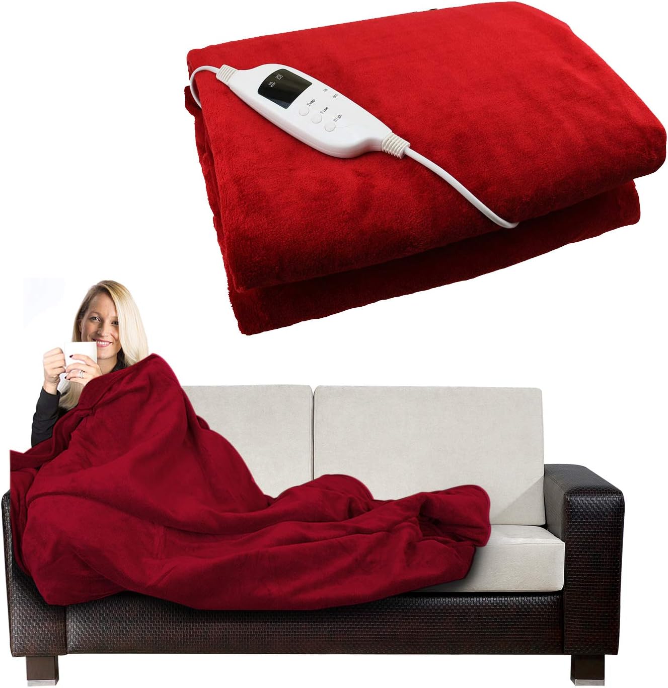 Electric Heated Throw Over Under Blanket Fleece Washable Polyester Warm Mattress (Red)
