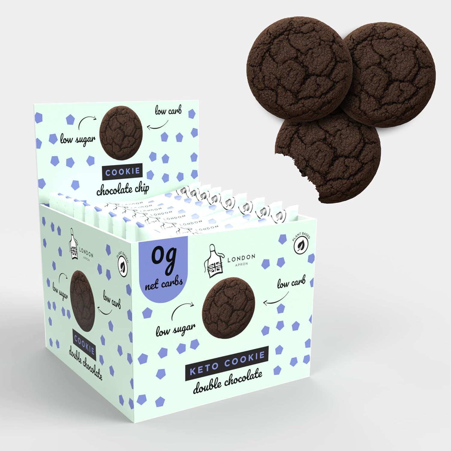 London Apron Low Sugar Cookies I 12x35g I 0g Net Carbs I Keto Friendly I High Protein I Low carb I Natural Ingredients I Keto Snacks I Gluten Free I Vegan I Diabetic Friendly (Double Chocolate)