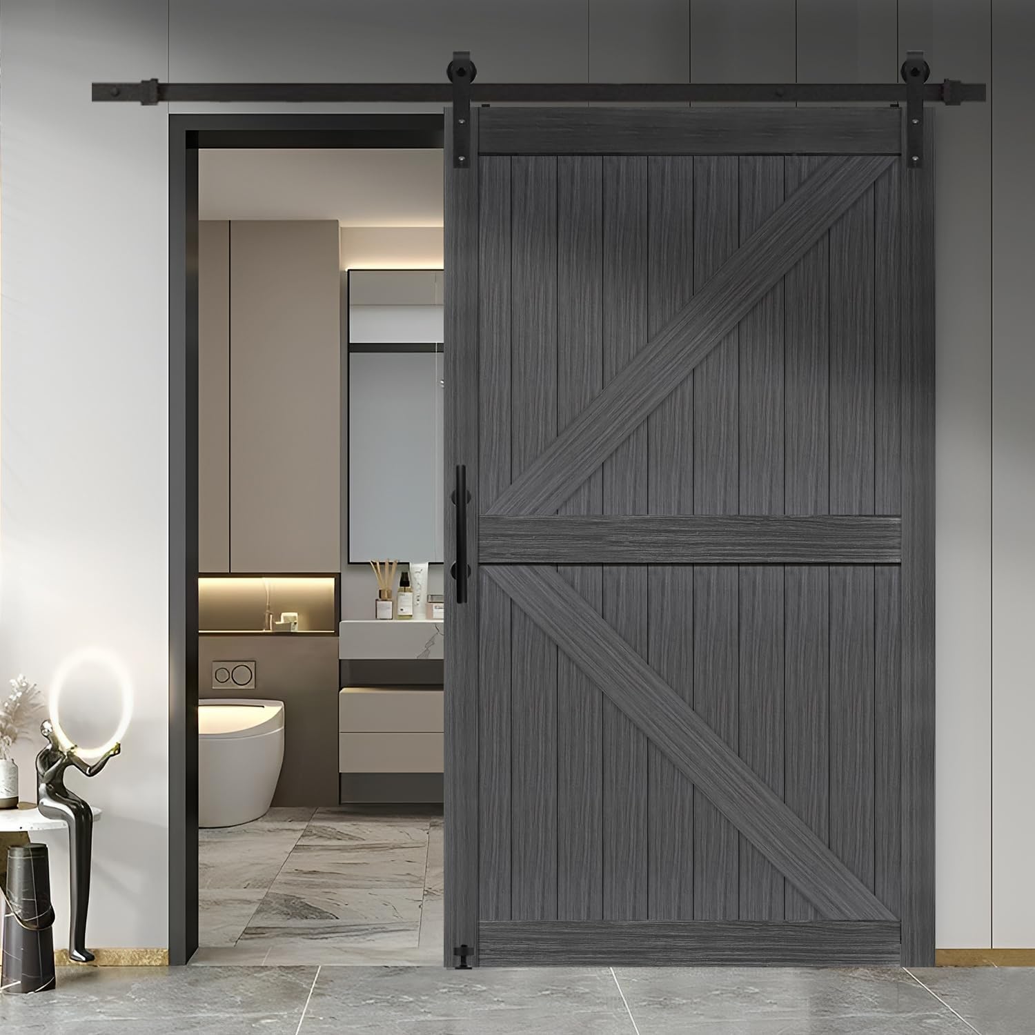 S&Z TOPHAND® 48 in x 84 in MDF Deep Gray British Brace Knotty Barn Door with 8FT Sliding Door Hardware Kit/Solid Slab Covered with Water-Proof PVC Surface, Simple DIY Assembly