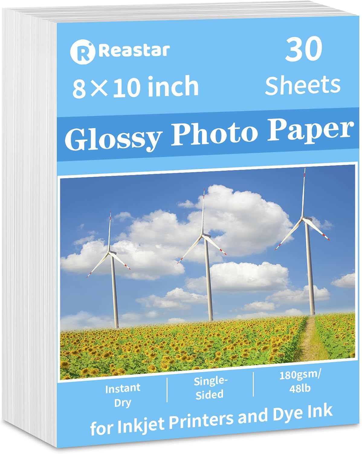 Reastar Glossy Photo Paper 8 x 10 inches, 30 Sheets Inkjet Photo Printer Paper, Instant Dry Picture Paper for DIY Chip Bag, Flyers, Cards, Calendars and Brochures(180gsm/48lb)