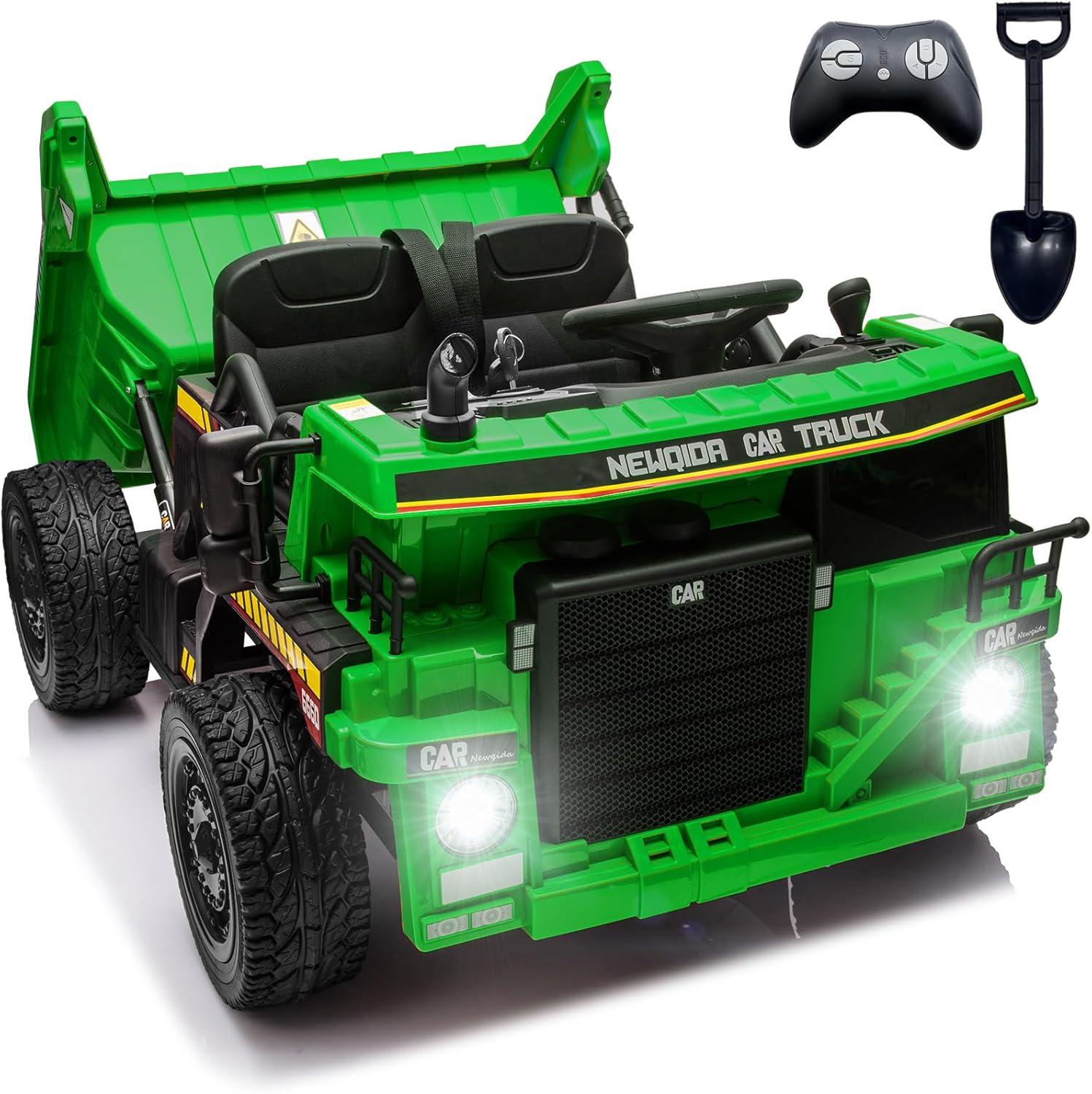 NEWQIDA 24V Ride on Dump Truck, Kids Electric Car with Remote Control, Ride on Construction Vehicles with Electric Dump Bed and Extra Shovel, 2x75W Powerful Motors, Soft Start, Up to 4.4 Mph, Green